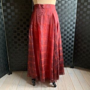 Akris Lined Mulberry Silk Pleated Skirt, Marsala red plaid, size 14